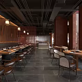 Modern Hotpot Restaurant Interior With Wooden Decor Tables Chairs And Pendant Lighting