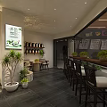 Cozy Restaurant Interior With Wooden Tables Stools Wall Shelves Green Plants And Counter