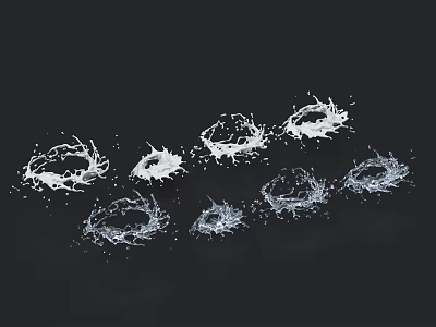 Multiple White Water Splashes In Motion On Black Background Artistic Design 3d model