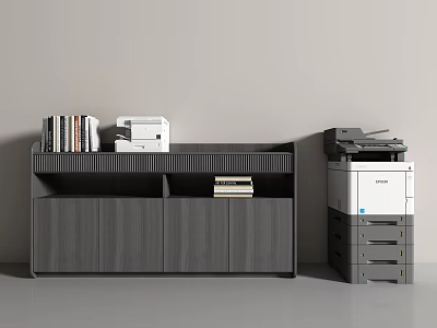 Gray Storage Cabinet With Books And Documents On Top And Printer Beside In Office Space 3d model