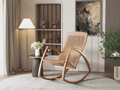Wooden Rocking Chair in Cozy Living Room with Floor Lamp Small Table and Green Plant 3d model