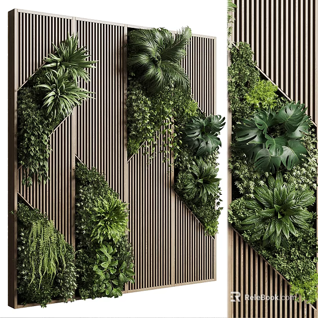 Modern Living Plant Wall Design With Vertical Greenery And Wooden Slats 3d model 
