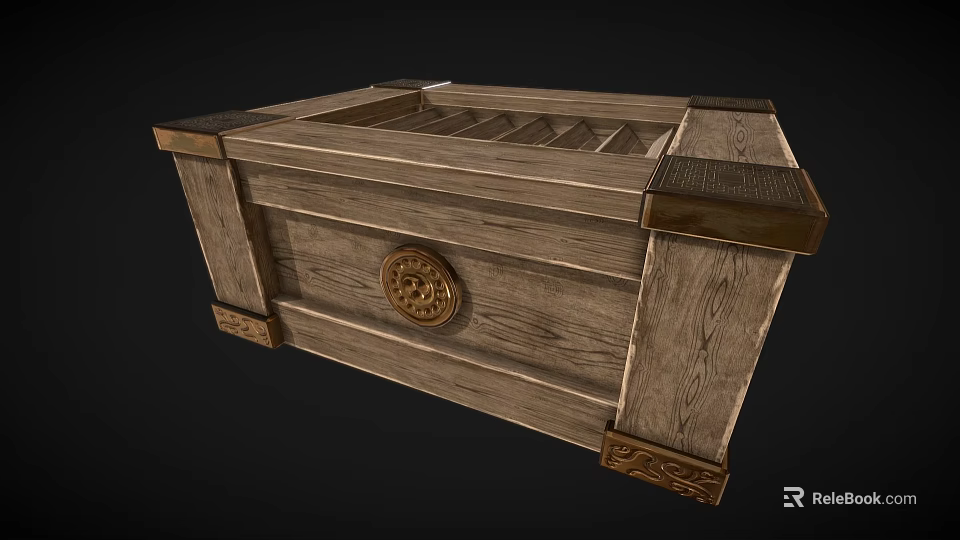Decorative Ornament Set Featuring Vintage Wooden Box With Metal Corner Accents And Circular Carved Emblem 3d model 