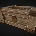Decorative Ornament Set Featuring Vintage Wooden Box With Metal Corner Accents And Circular Carved Emblem