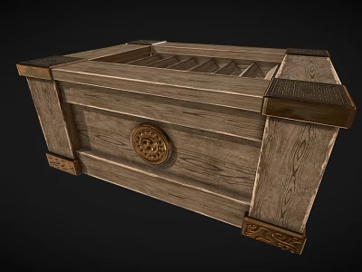 Decorative Ornament Set Featuring Vintage Wooden Box With Metal Corner Accents And Circular Carved Emblem 3d model