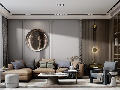 Elegant Modern Living Room Interior With Circular Wall Art Sofa Coffee Table And Floor Lamp 3d model