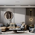 Elegant Modern Living Room Interior With Circular Wall Art Sofa Coffee Table And Floor Lamp