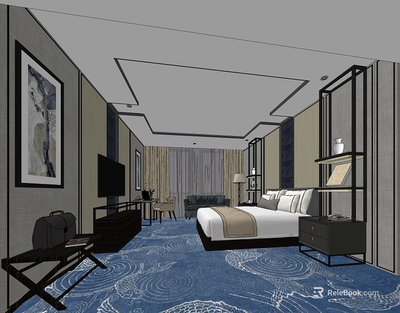 Elegant Hotel Guest Room With Blue Patterned Carpet King Bed And Flat Screen TV 3d model