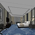 Elegant Hotel Guest Room With Blue Patterned Carpet King Bed And Flat Screen TV 3d model