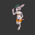 Anthropomorphic Rabbit Character Sculpture in Waving Running Pose With White Shirt Orange Shorts