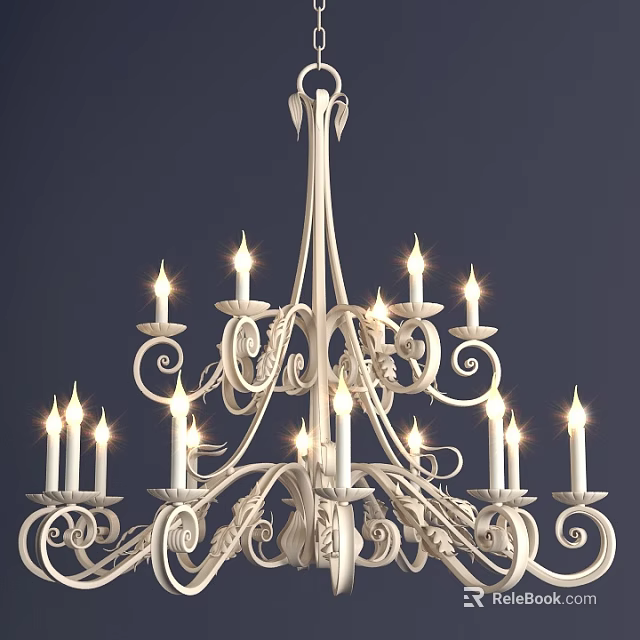 White Classic Chandelier With Ornate Carved Details And Illuminated Candle Lights 3d model 