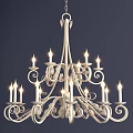 White Classic Chandelier With Ornate Carved Details And Illuminated Candle Lights