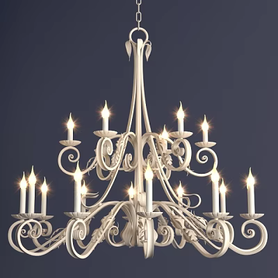 White Classic Chandelier With Ornate Carved Details And Illuminated Candle Lights 3d model