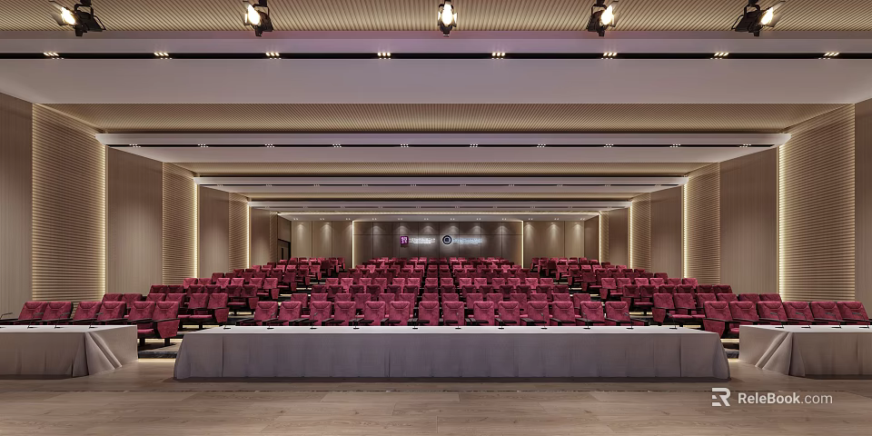 Modern Conference Room Interior With Red Seats Podium And Chandeliers 3d model 