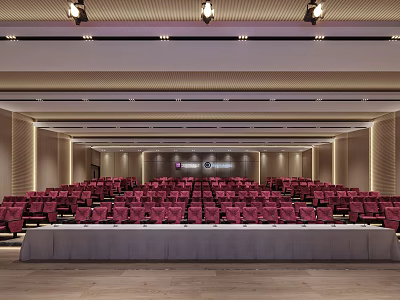 Modern Conference Room Interior With Red Seats Podium And Chandeliers 3d model