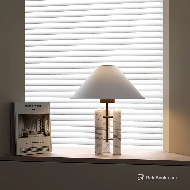 Modern Table Lamp with Double Column Base and White Lampshade Near Window Blinds and Book 3d model 