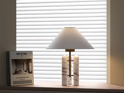 Modern Table Lamp with Double Column Base and White Lampshade Near Window Blinds and Book 3d model