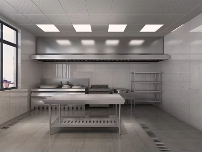 Commercial Kitchen Interior Featuring Stainless Steel Worktables Exhaust Hood And Tile Walls 3d model