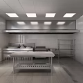 Commercial Kitchen Interior Featuring Stainless Steel Worktables Exhaust Hood And Tile Walls