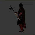 Helmeted Man Standing In Metal Armor With Red Cape Holding Long Spear