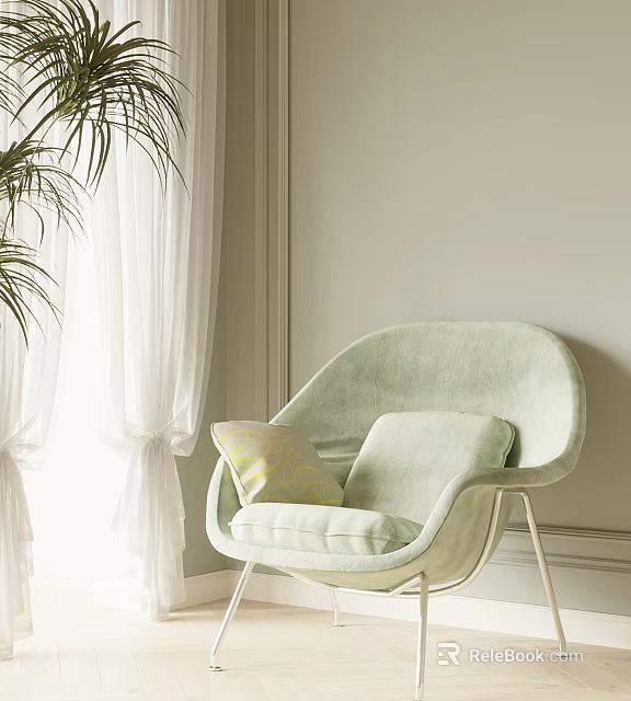 Light Green Single Sofa With Soft Pillow White Curtains And Green Plant Modern Living Room 3d model 