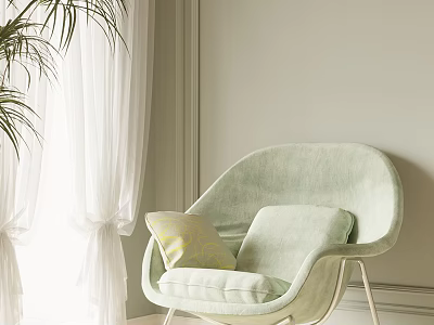 Light Green Single Sofa With Soft Pillow White Curtains And Green Plant Modern Living Room 3d model