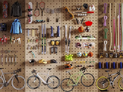 Organized Sports Fitness Equipment Wall Storage with Bikes Rackets and Ski Gear 3d model