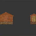 Two Log Cabins With Wooden Roofs And Stone Base Architectural Design