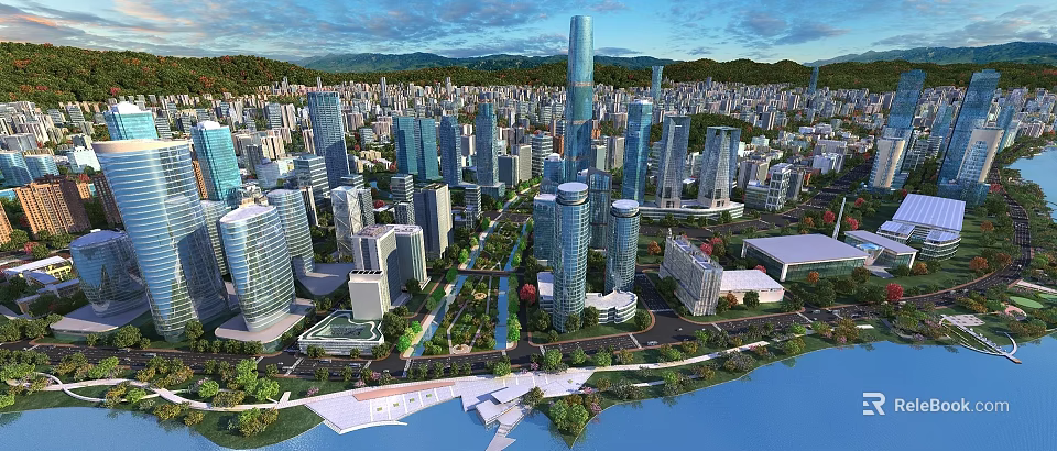 Birds Eye View Urban Planning With Skyscrapers Green Spaces Water Features And Mountains 3d model 