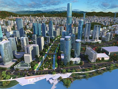Birds Eye View Urban Planning With Skyscrapers Green Spaces Water Features And Mountains 3d model