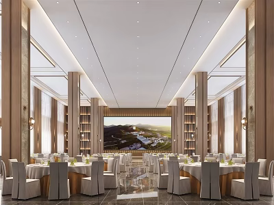 Luxurious Banquet Hall Interior With Dining Tables Chairs And Mountain View Screen 3d model