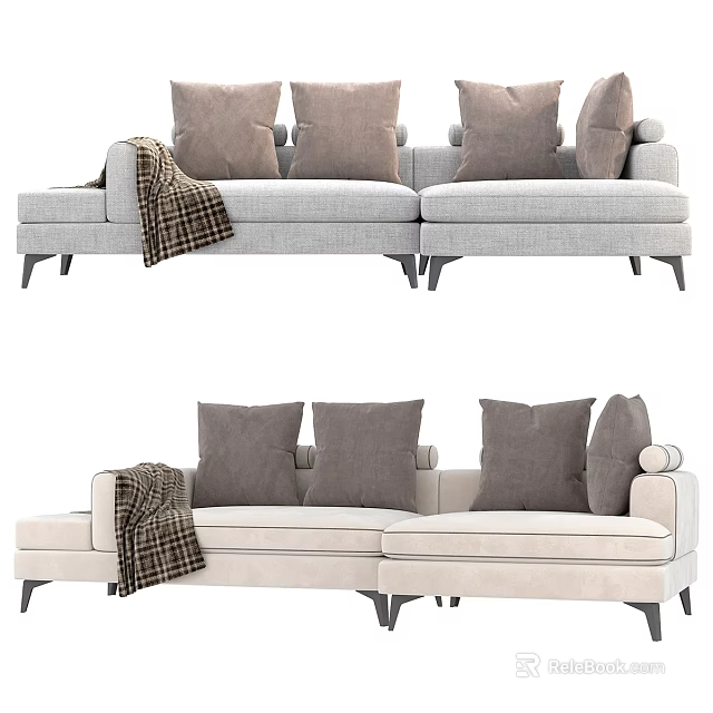 Gray And Beige Sectional Sofas With Decorative Pillows And Plaid Blanket 3d model