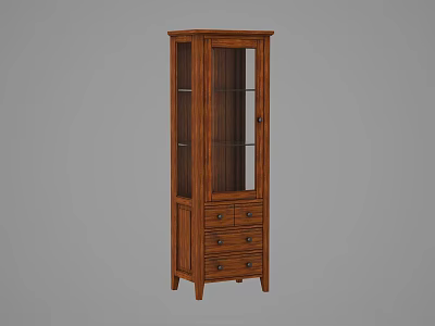 Traditional Wooden Wine Cabinet With Glass Doors And Drawers For Home Storage 3d model