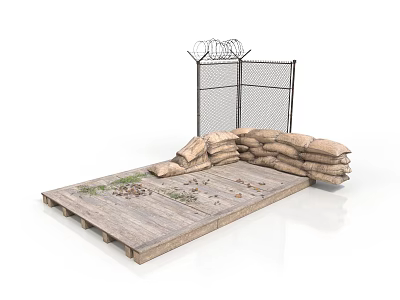 Modern Security Checkpoint With Barbed Wire Fence Sandbags Wooden Platform And Scattered Items 3d model