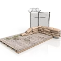 Modern Security Checkpoint With Barbed Wire Fence Sandbags Wooden Platform And Scattered Items