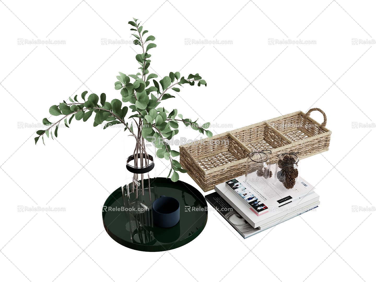 Books Books Bamboo Basket Vase Candlestick Green Plant 3d model