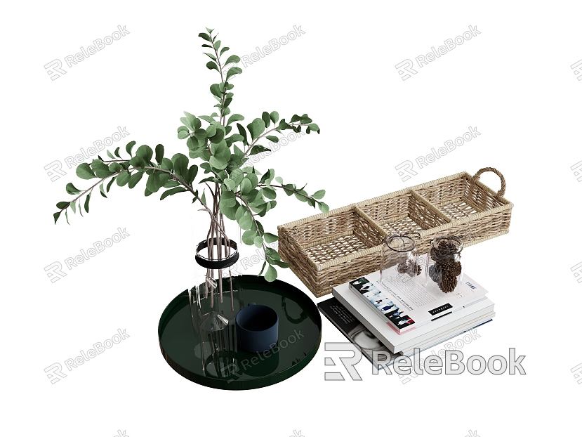 Books Books Bamboo Basket Vase Candlestick Green Plant model