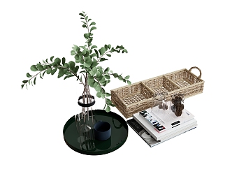 Books Bamboo Basket Vase Candlestick Green Plant 3d model