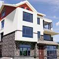 Modern Two Story Detached Villa With Large Windows Brown Door And Green Garden