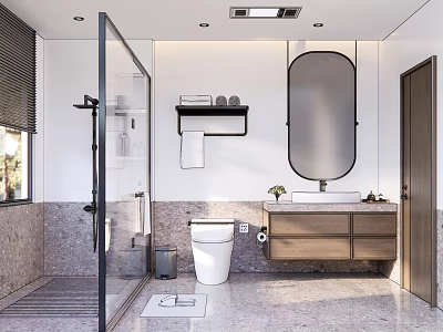 Modern Bathroom With Glass Shower Partition Stone Wall White Toilet Wooden Vanity And Oval Mirror 3d model