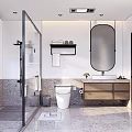 Modern Bathroom With Glass Shower Partition Stone Wall White Toilet Wooden Vanity And Oval Mirror