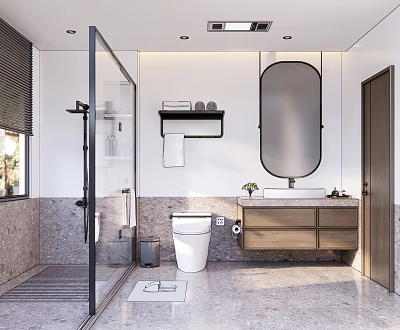Modern Bathroom With Glass Shower Partition Stone Wall White Toilet Wooden Vanity And Oval Mirror 3d model
