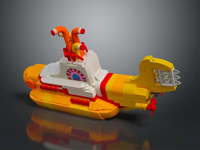 Lego Yellow And Red Submarine Model With Circular Window Orange Periscope Structures And Tail Propeller 3d model