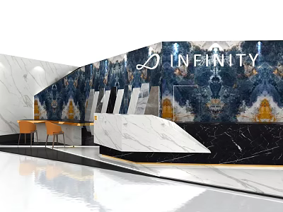 Modern Infinity Reception Area With Ornate Blue Gold Patterned Wall And Marble Desk 3d model