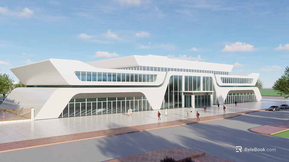 Modern Train Station Exterior With White Architecture Large Glass Windows And People Walking 3d model 