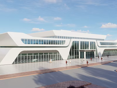Modern Train Station Exterior With White Architecture Large Glass Windows And People Walking 3d model