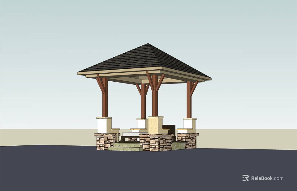 Open Sided Outdoor Gazebo Featuring Black Roof Wooden Pillars And Stone Base 3d model 