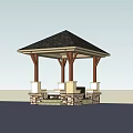 Open Sided Outdoor Gazebo Featuring Black Roof Wooden Pillars And Stone Base