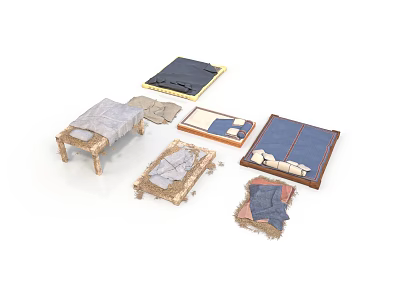 Various Furniture Pieces With Wooden Frames And Blue Gray Fabric Mattresses 3d model