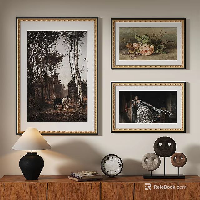 Three Framed Oil Paintings Featuring Landscape Floral and Figure Artworks in Golden Frames on Wall 3d model 